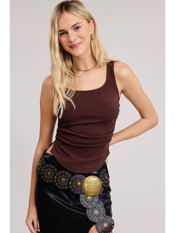 Mimosa - Wholesale Tank Top - Women's - Ruched Side Ribbed Knit Tank with Scoop Neck