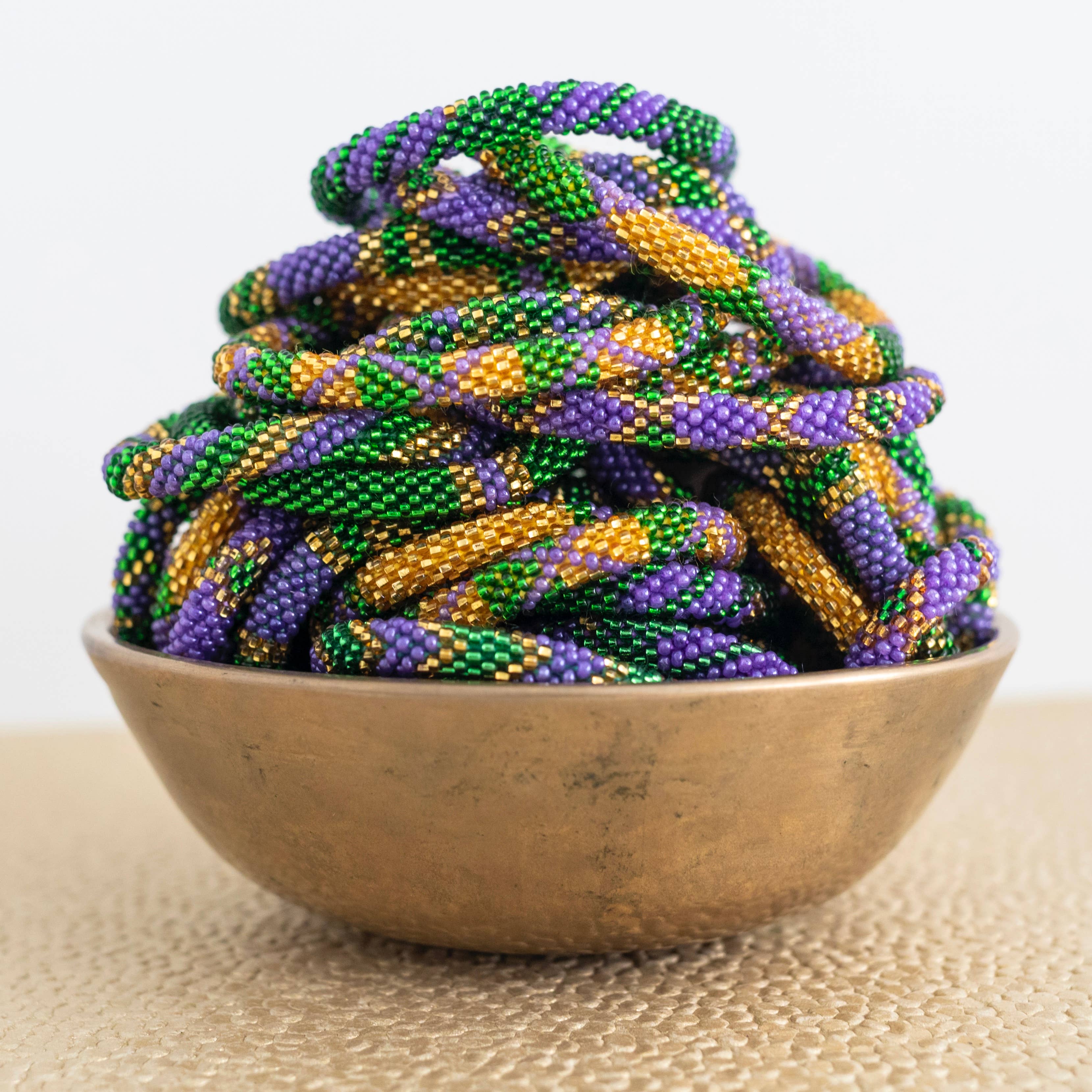 Aid Through Trade - Wholesale Beaded Bracelet - Roll-On® Bracelets Mardi Gras - Set of 12 💜💛💚1