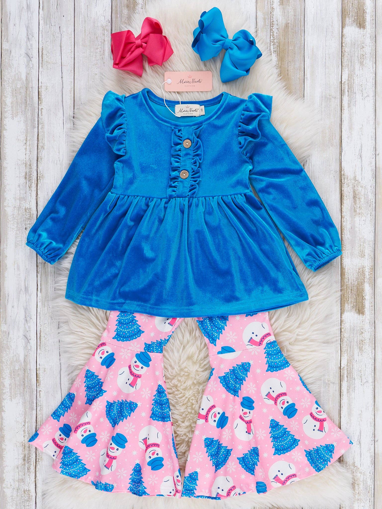 Marie Nicole Clothing - Wholesale Top & Pant Set - Kids - Snowy Smiles Ruffle Bell Bottom Outfit0