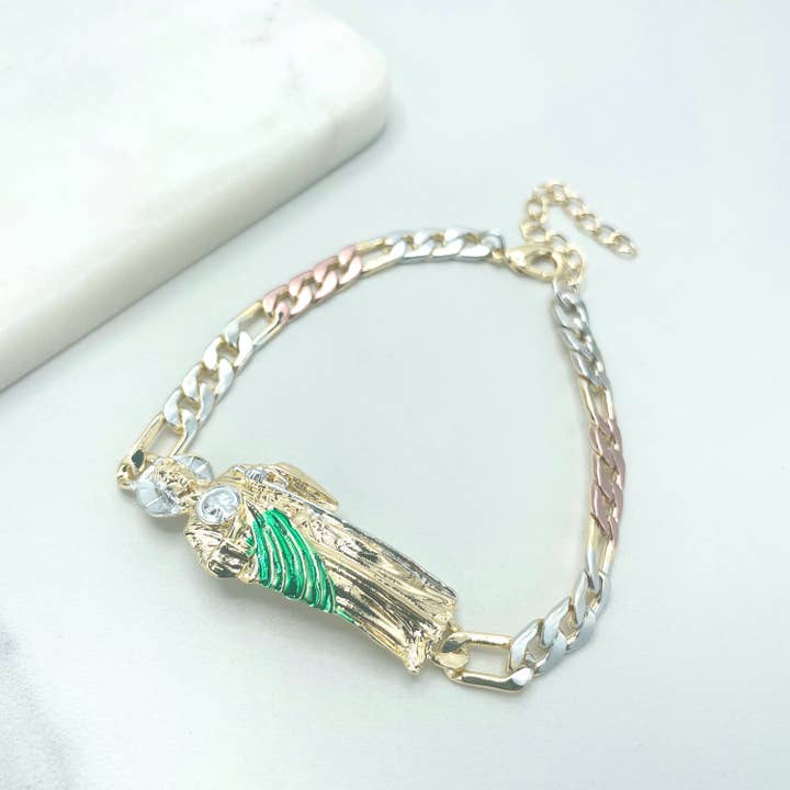 Chaîne Figaro tricolore en or 18 carats, 6 mm, identification de Saint Jude, bracelet Esclava San Judas avec rallonge, vente en gros de fournitures de bijoux pour la vente par DIJU Jewelry