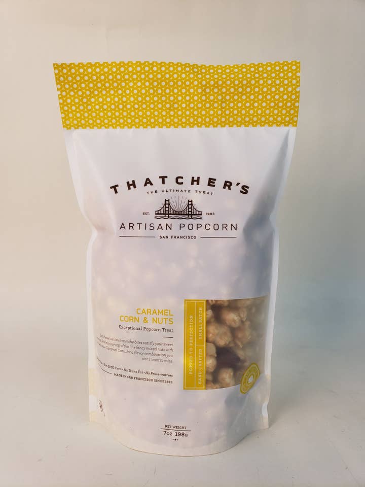 CARAMEL CORN & NUTS POUCH 7oz POPCORN for wholesale by Thatcher's Gourmet Popcorn