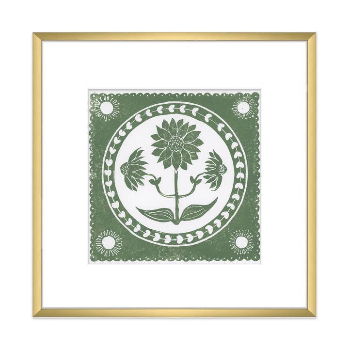 Green & White Sunflower Botanical Block Print Artwork for wholesale by The Prints Princess