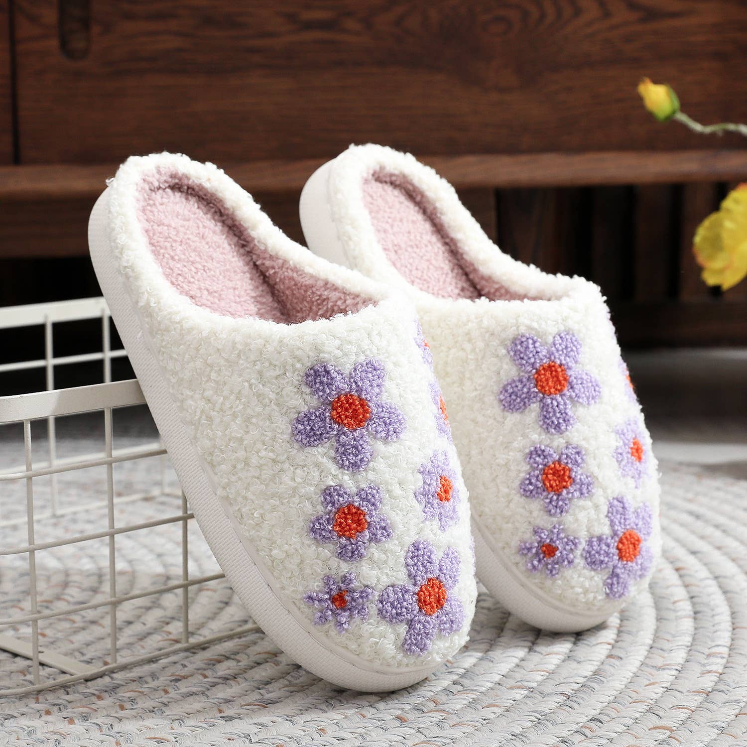 White  Lavender Lilacs Knit Plush Home Slippers  for wholesale on Faire3