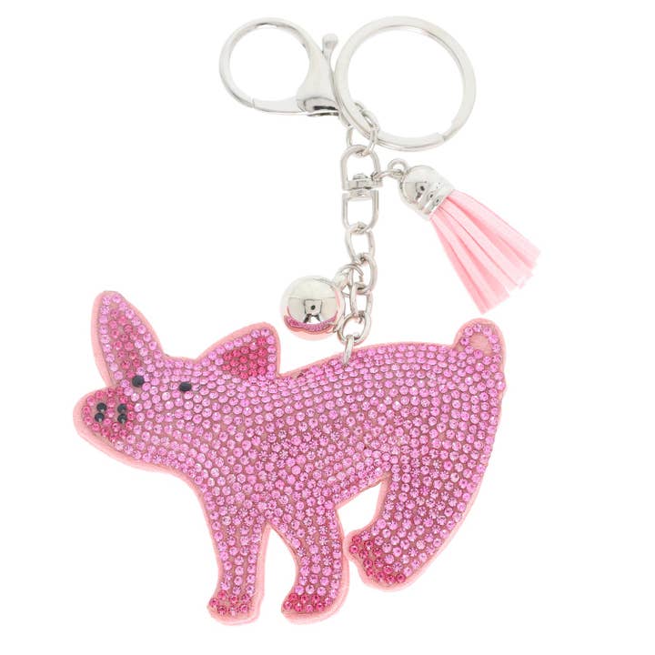 SP Sophia Collection - Vente Porte-clés – femme - Porte-clés à pompon en forme de cloche de cochon rose orné de bijoux1