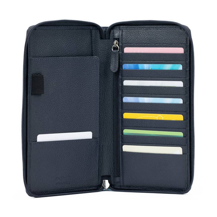 K0005DB | Full grain Genuine Leather Travel Document Case, dollar grain - Color Blue - Dimensions: cm 12.5 x 22 x 2 - Packaging: TNT bag for wholesale by Kaili mood / RENATO BORZATTA - Italy since 1978 -