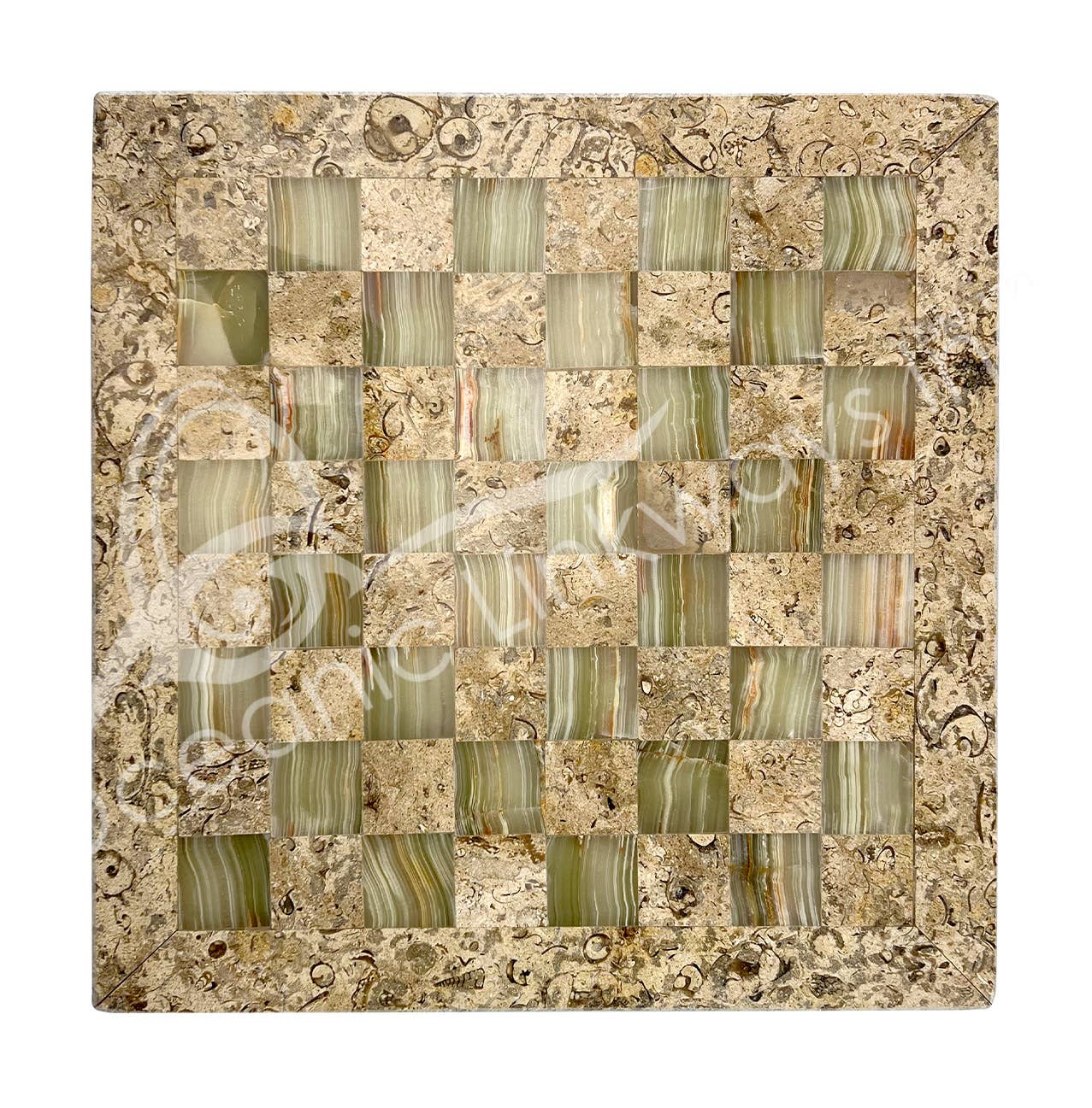 Oceanic Linkways Inc – Engroshandel Spirituelle sten og krystaller – (SKAK)SKAKSÆT - KORAL & GRØN ONYX 12 X 12"2