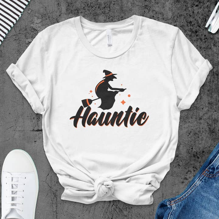 Funny Halloween Witch T-Shirt, Hauntie Graphic Tee, Women's Fall Fashion, Casual Spooky Shirt, October Clothing Gift for wholesale by FreakyTeeFactory