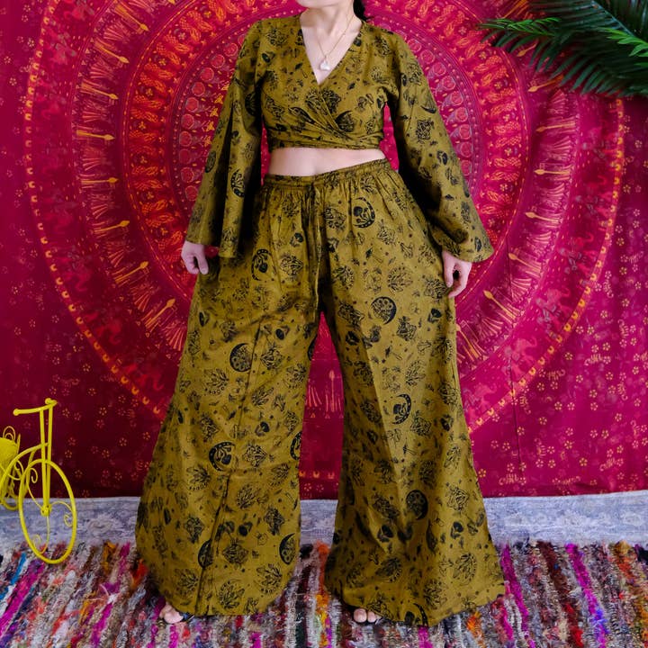Mushroom Print Whimsy Boho Hippie Pant + Tie Top Set for wholesale by Karma Nepal Crafts