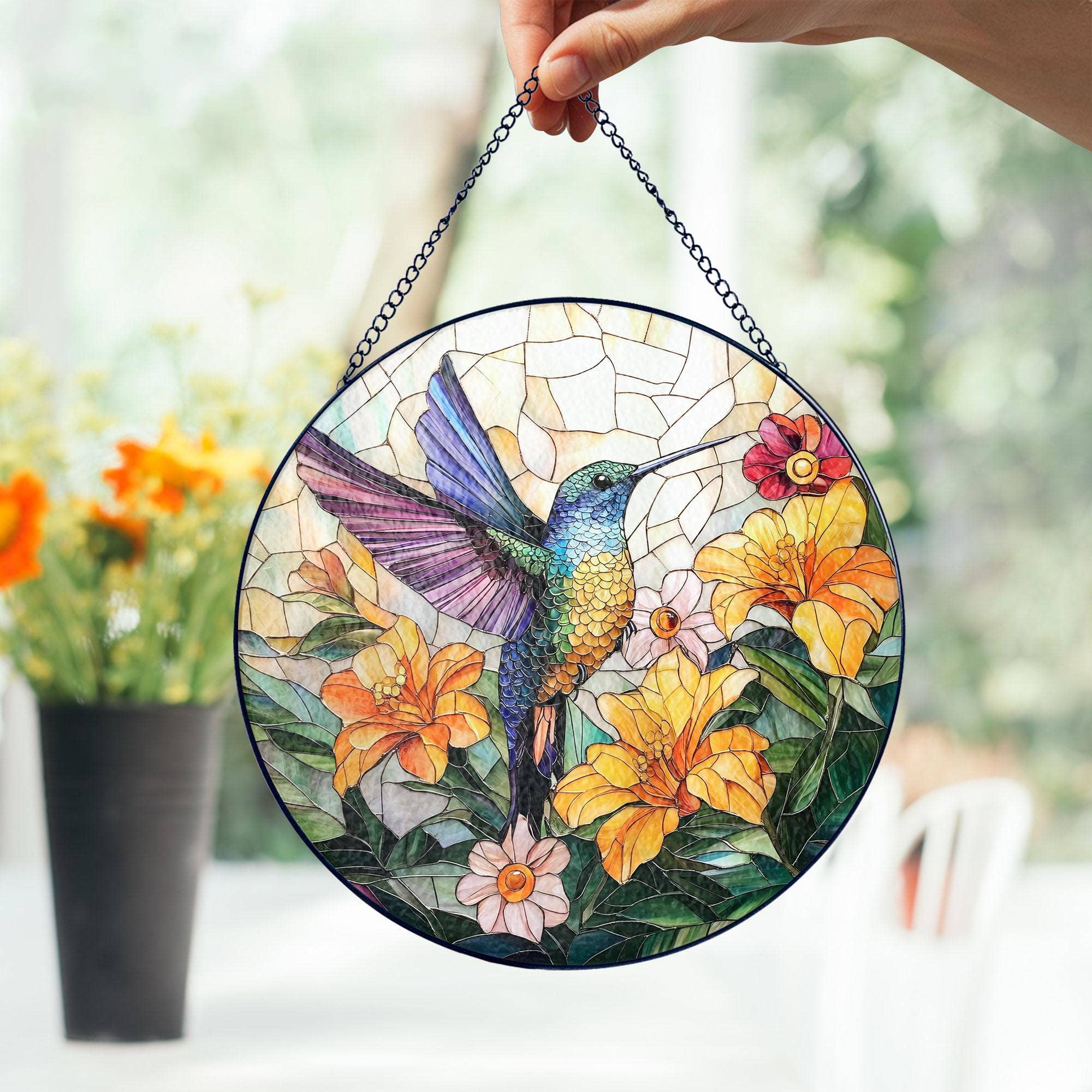TMLECOM LTD – wholesale Suncatcher – Hummingbird Glass Suncatcher, ,Bird With Flower Window Decor0