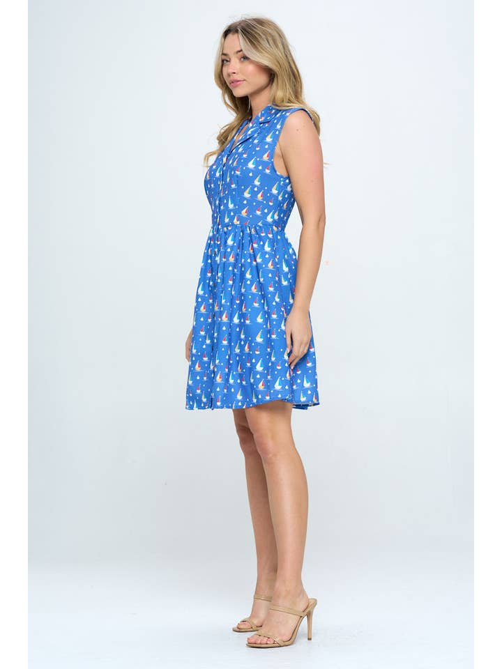 SM WARDROBE - Wholesale Dress - Women's - ALL OVER SAIL BOATS PRINT DRESS WITH POCKETS2