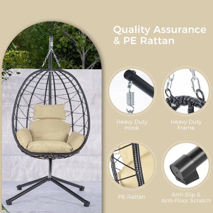 39F Inc. - Wholesale Egg Chair - Beige Wicker Hanging Egg Chair with Stand for Indoor Outdoor5