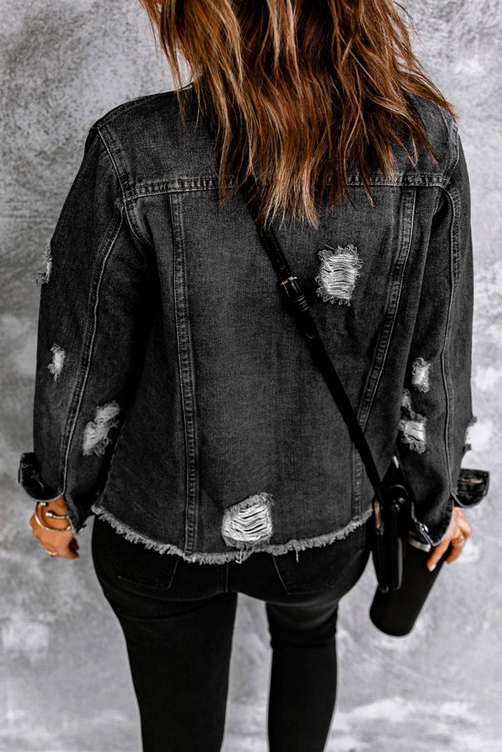 1 the Woman - Wholesale Denim Jacket - Women's - Lapel Distressed Raw Hem Buttons Denim Jacket2