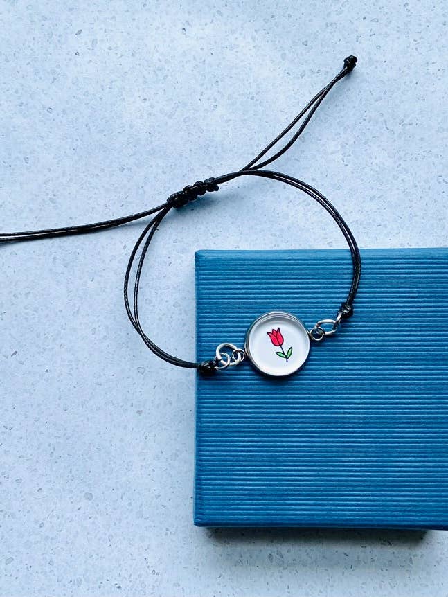 Tulip Bracelet - Flower Jewelry, Valentine's Day, Black Cord for wholesale by Nifty Gifty Shop