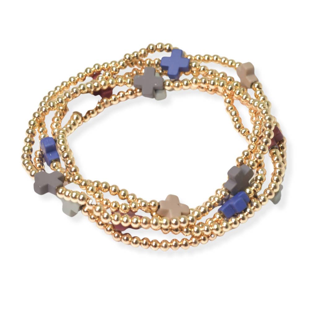 SOPHIA WHOLESALE - Wholesale Beaded Bracelet - Multi layered gold bead stretch bracelet with cross accent n1