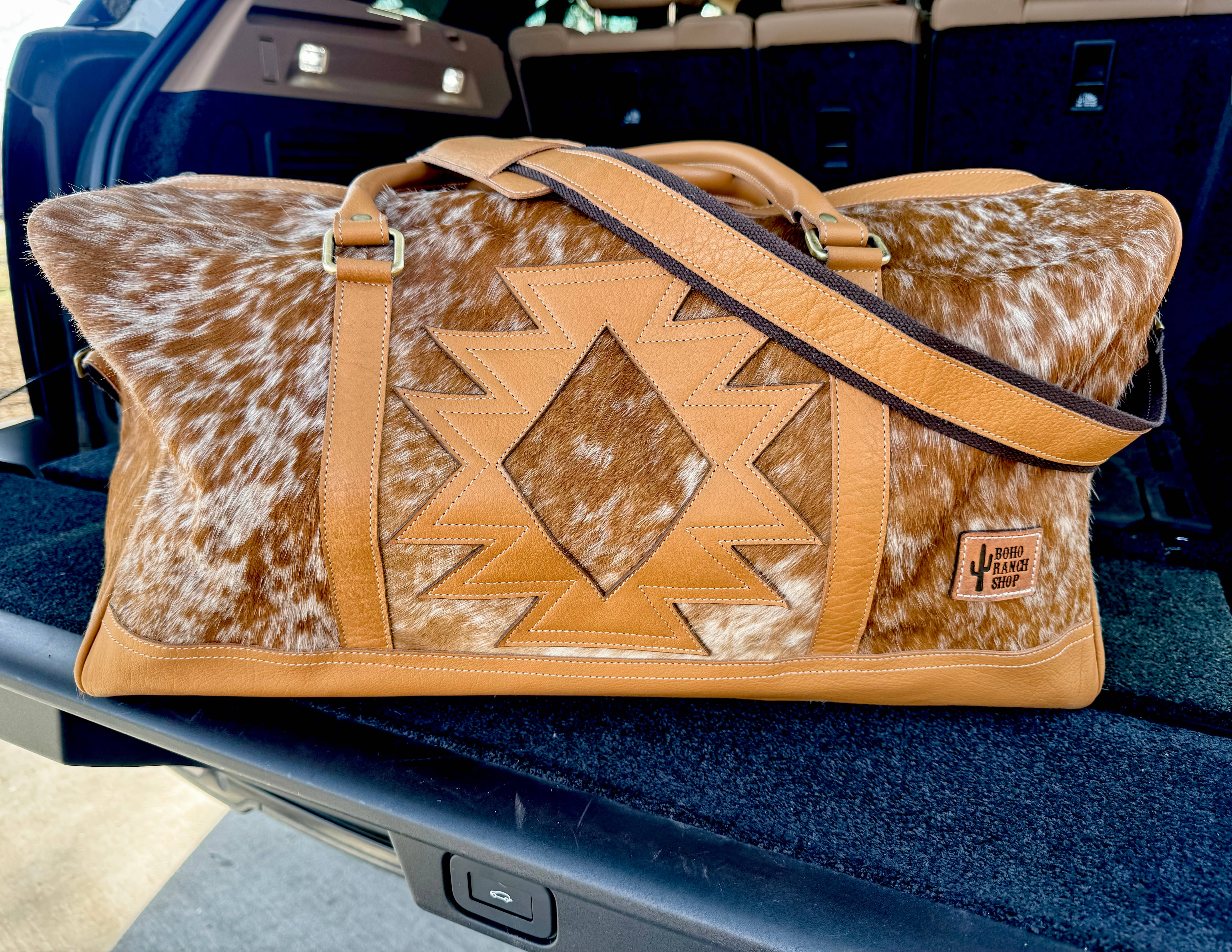 Boho Ranch Shop - Wholesale Weekender Bag - Women's - AZTEC TRAVEL DUFFLE leather hair on cowhide travel bag0