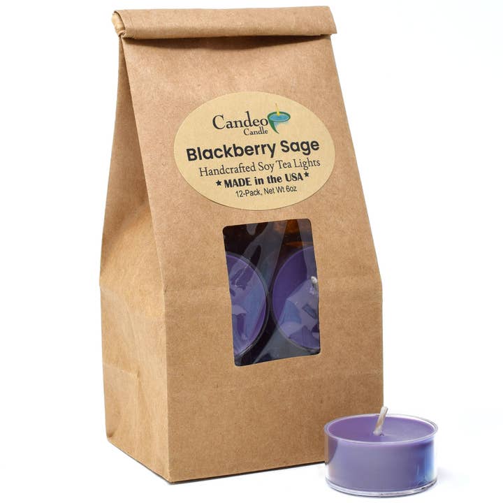 Blackberry Sage, Soy Tea Light 12-Pack for wholesale by Candeo Candle