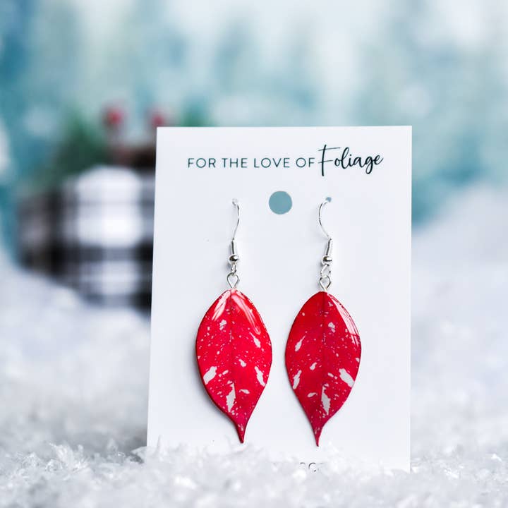 Holiday Speckled Poinsettia Plant Earrings | Leaf Earrings for wholesale by For the Love of Foliage