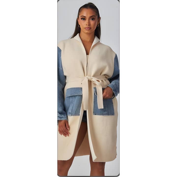 Black Pearl Clothing - Wholesale Cardigan - Women's - DENIM PANEL LONG KNIT CARDIGAN1