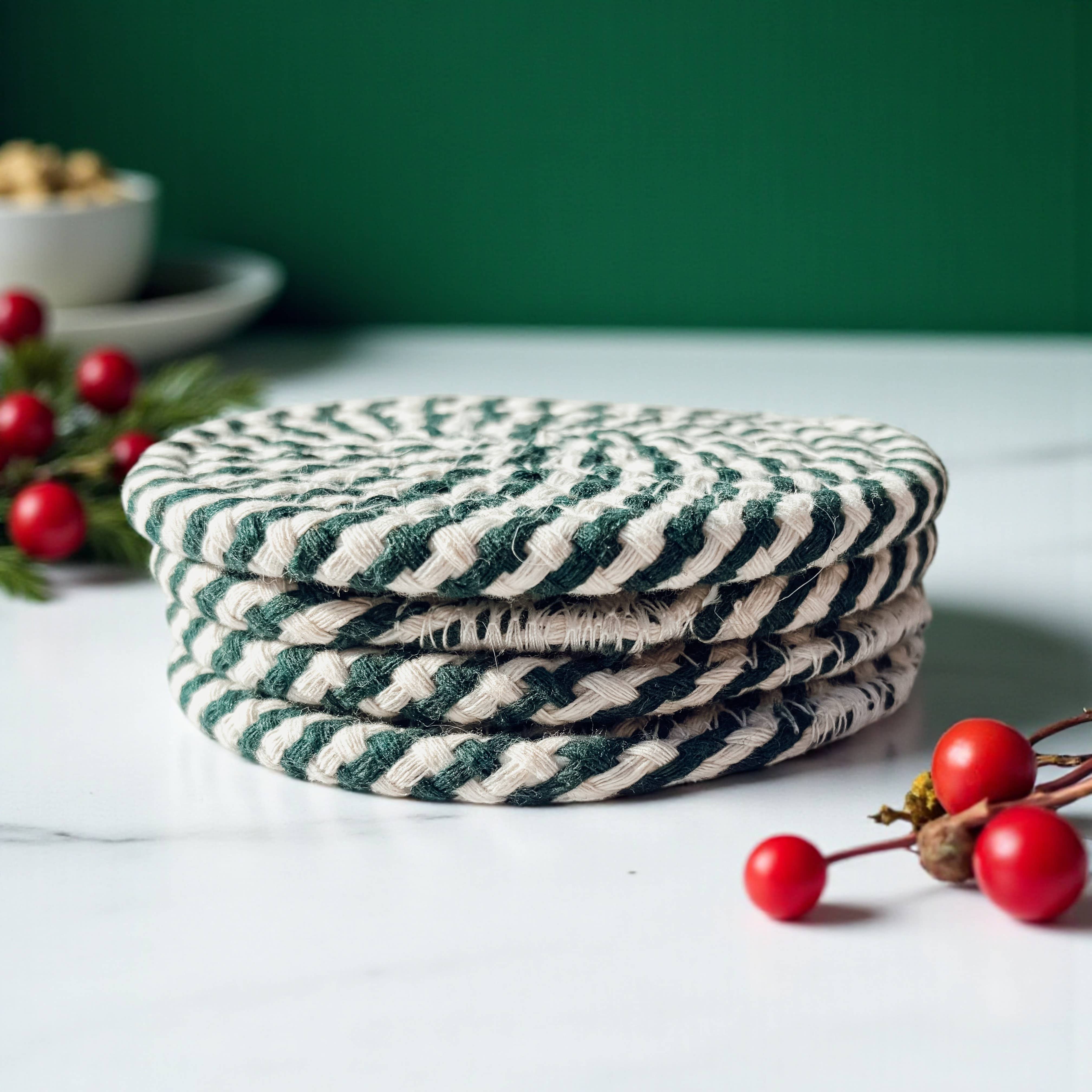 Gia Roma - Wholesale Coasters - Christmas Coasters, Red Candy Cane Braided Cotton Fabric Set7