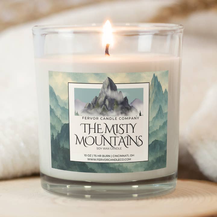 The Misty Mountains 10oz Soy Wax Book Inspired Candle for wholesale by Fervor Candle Company