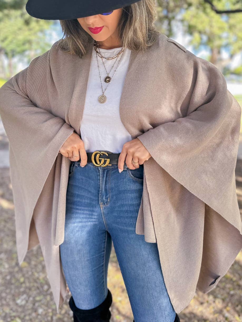 Taupe Solid Knit Ruana Shawl with Shoulder Strap for wholesale on Faire1