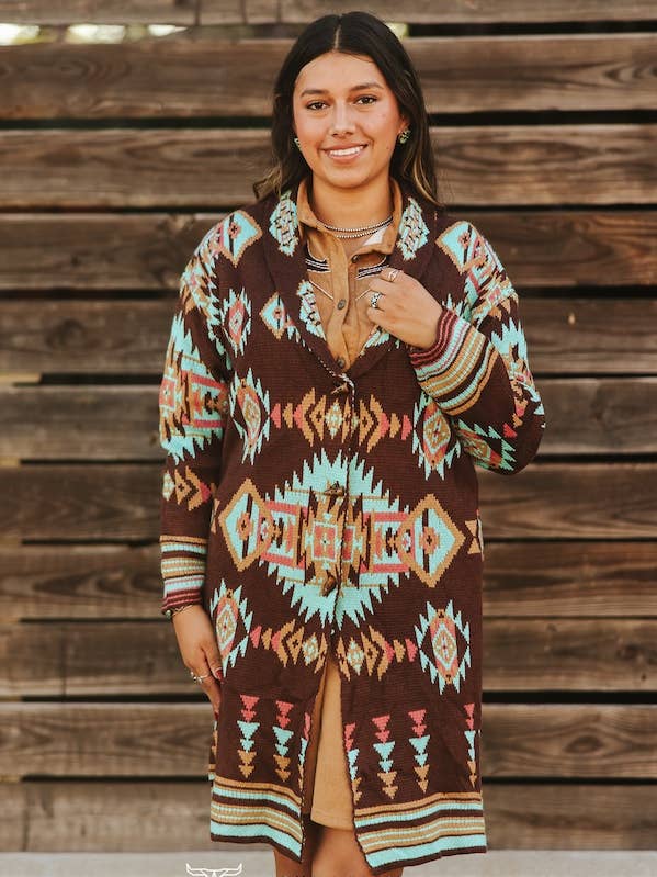Brun turkos aztekisk stickad kofttröja för wholesale av LUCKY & BLESSED
