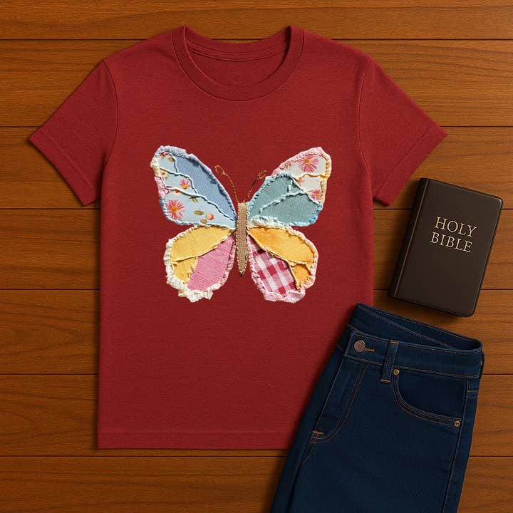 Patchwork Butterfly Tee – Whimsical Spring Appliqué Design for wholesale by Story & Grace Co