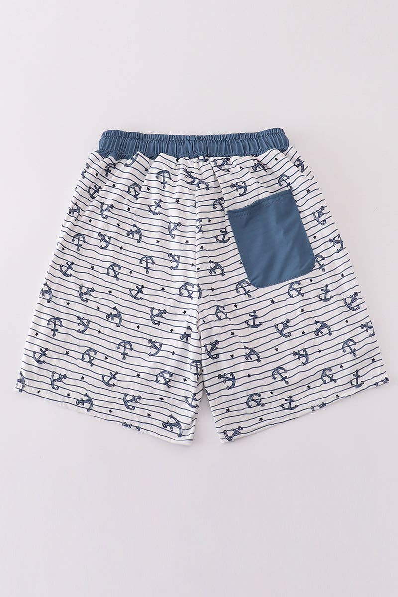 Aspen Rain Boutique - Wholesale Swim Shorts - Men's - Blue stripe anchor print dad swim trunks4