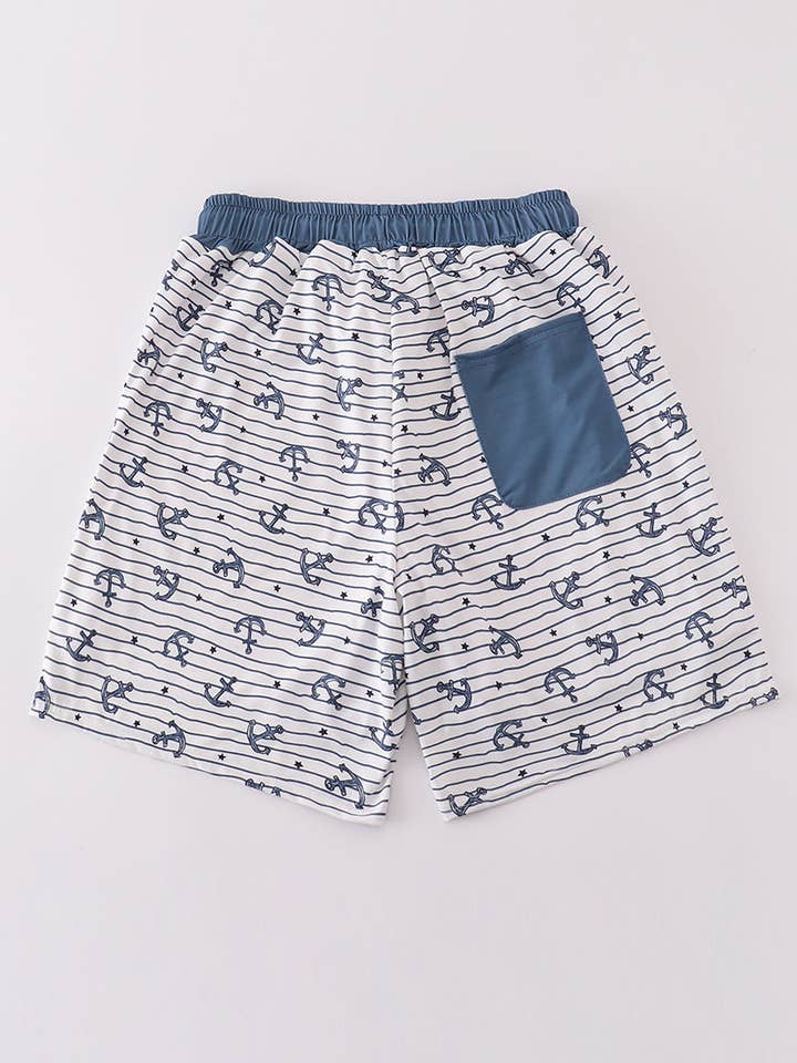 Aspen Rain Boutique - Wholesale Swim Shorts - Men's - Blue stripe anchor print dad swim trunks4