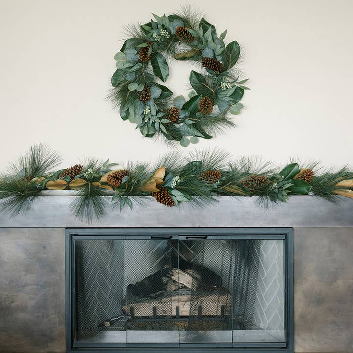 28" Magnolia, Eucalyptus, Pinecone, & Needle Pine Wreath for wholesale by CG Hunter