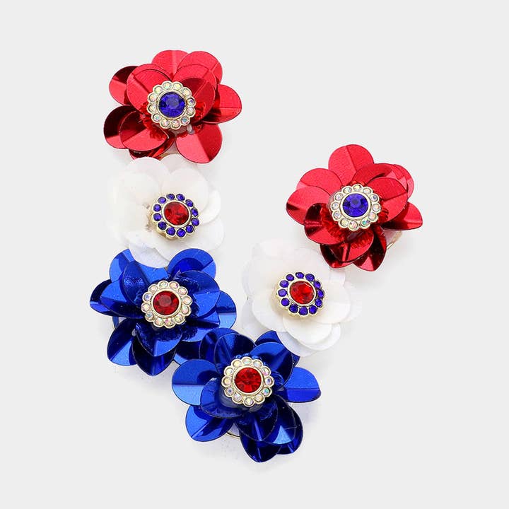 American USA Flag Triple Sequin Flower Dropdown Earrings for wholesale by Sensibling Corp.