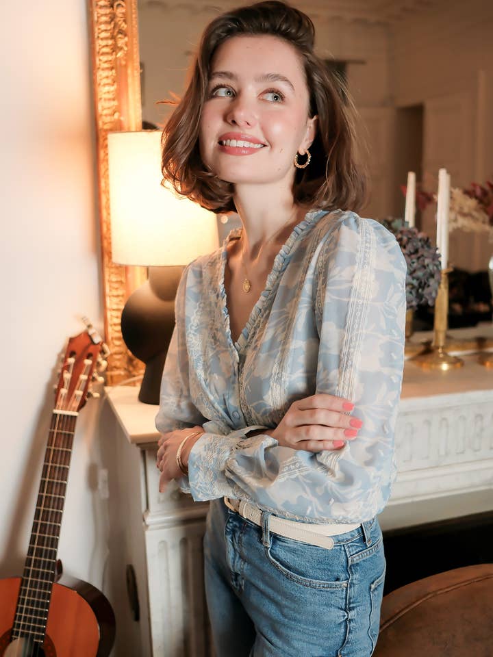 V-neck blouse with floral print and embroidery - 4819T-JUNE for wholesale by LOVIE & CO