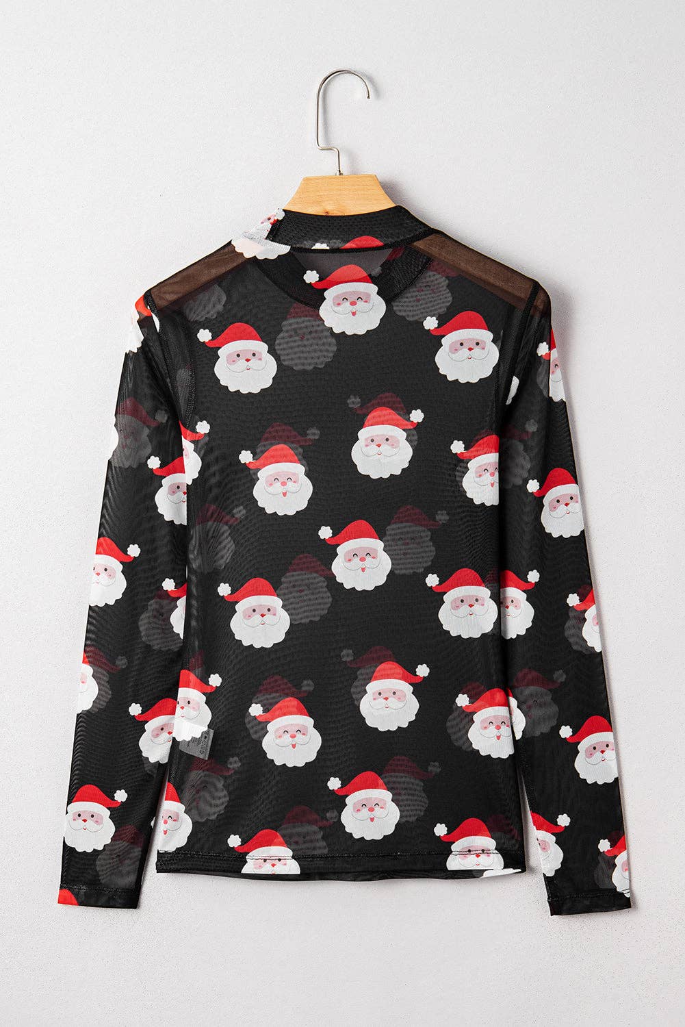 Black FB Christmas Santa Mesh Long Sleeve Top for wholesale on Faire6