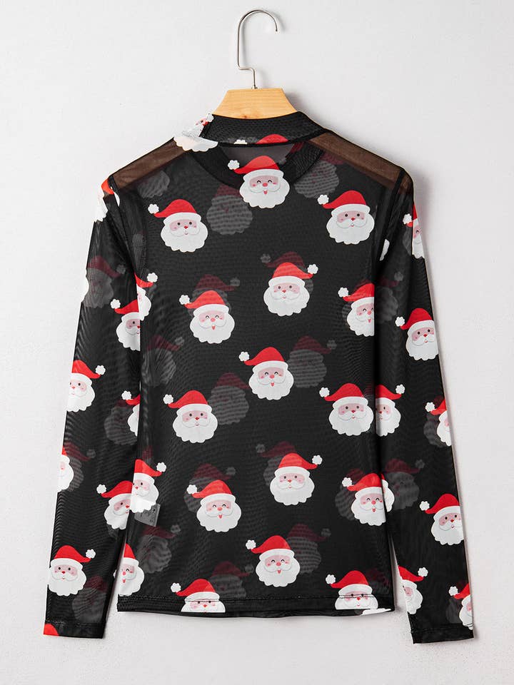 Black FB Christmas Santa Mesh Long Sleeve Top for wholesale on Faire6
