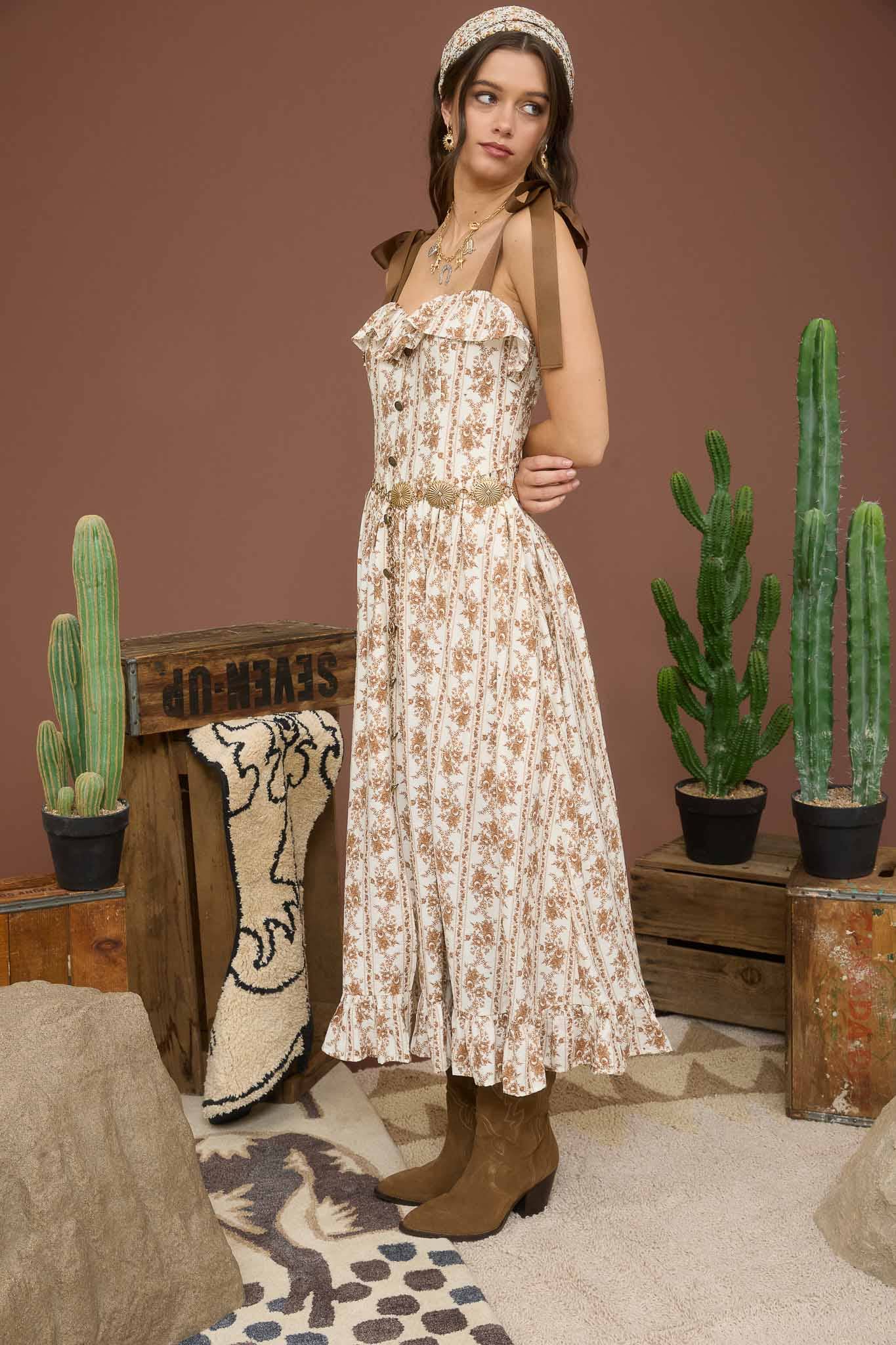 Blu Pepper - Wholesale Dress - Women's - STRIPE FLORAL RUFFLE DETAIL BUTTON DOWN MIDI DRESS9