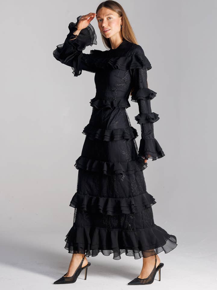 Ruffle Maxi Black for wholesale by The Nina Collection