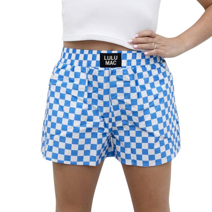 BXCK-BLUE WHITE CHECK BOXER SHORT for wholesale by Girlie Girl Originals
