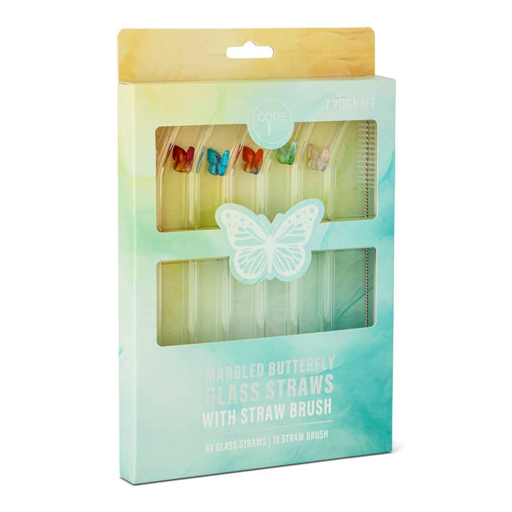 Core Home - Wholesale Drinking Straw - 7pk Glass Icon Straw Set - Marble Butterfly0