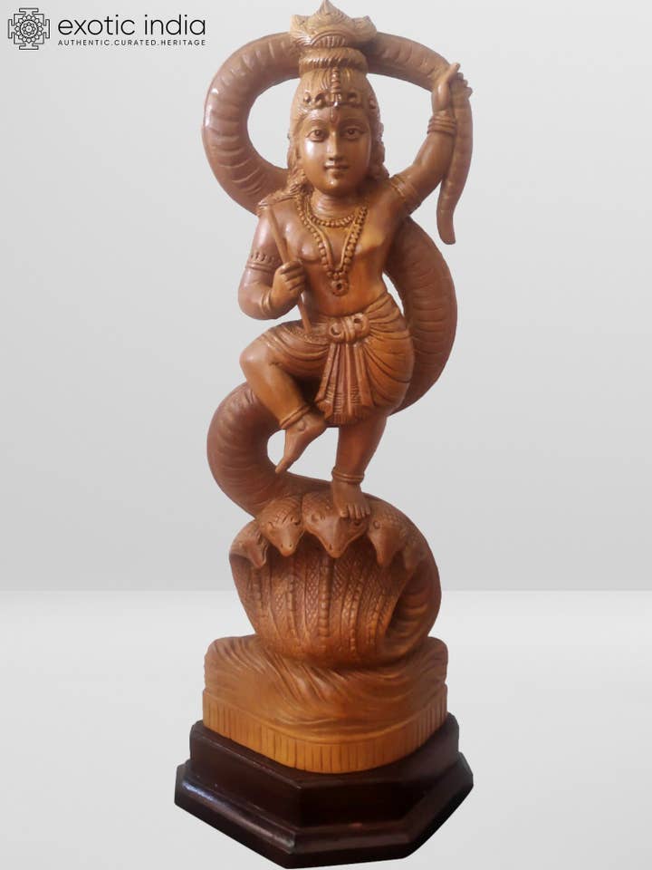 20" Wood Statue of Kalyamardanam - Krishna Leela with Base for wholesale by Exotic India Art