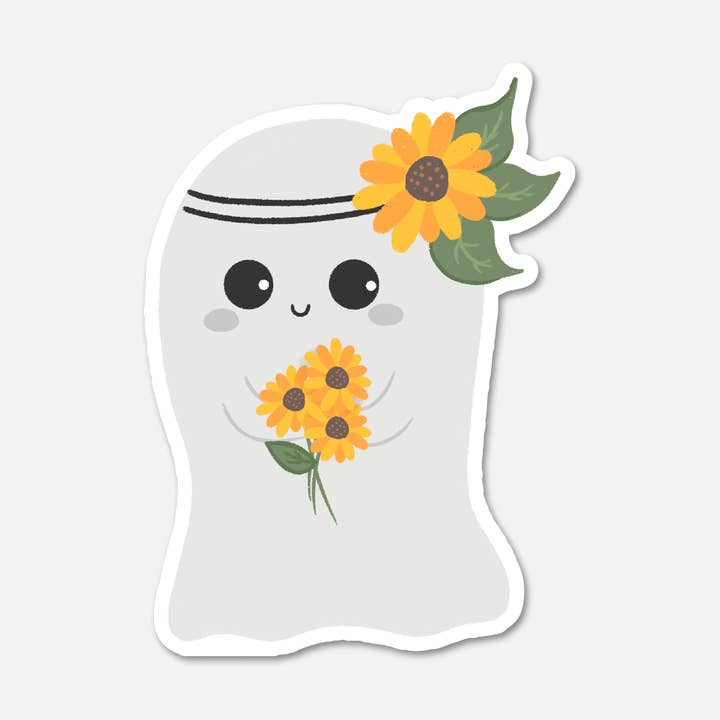 Fantôme tenant des tournesols – Autocollant floral pour la vente par Footnotes