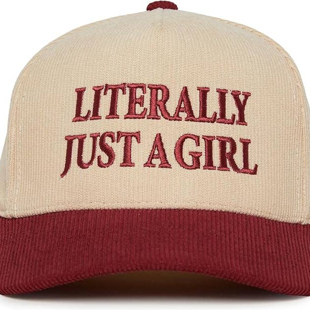 Funky Junque - Wholesale Baseball Cap - Women's - 2-Tone Corduroy Hat - Literally Just A Girl - Burgundy/Beige0