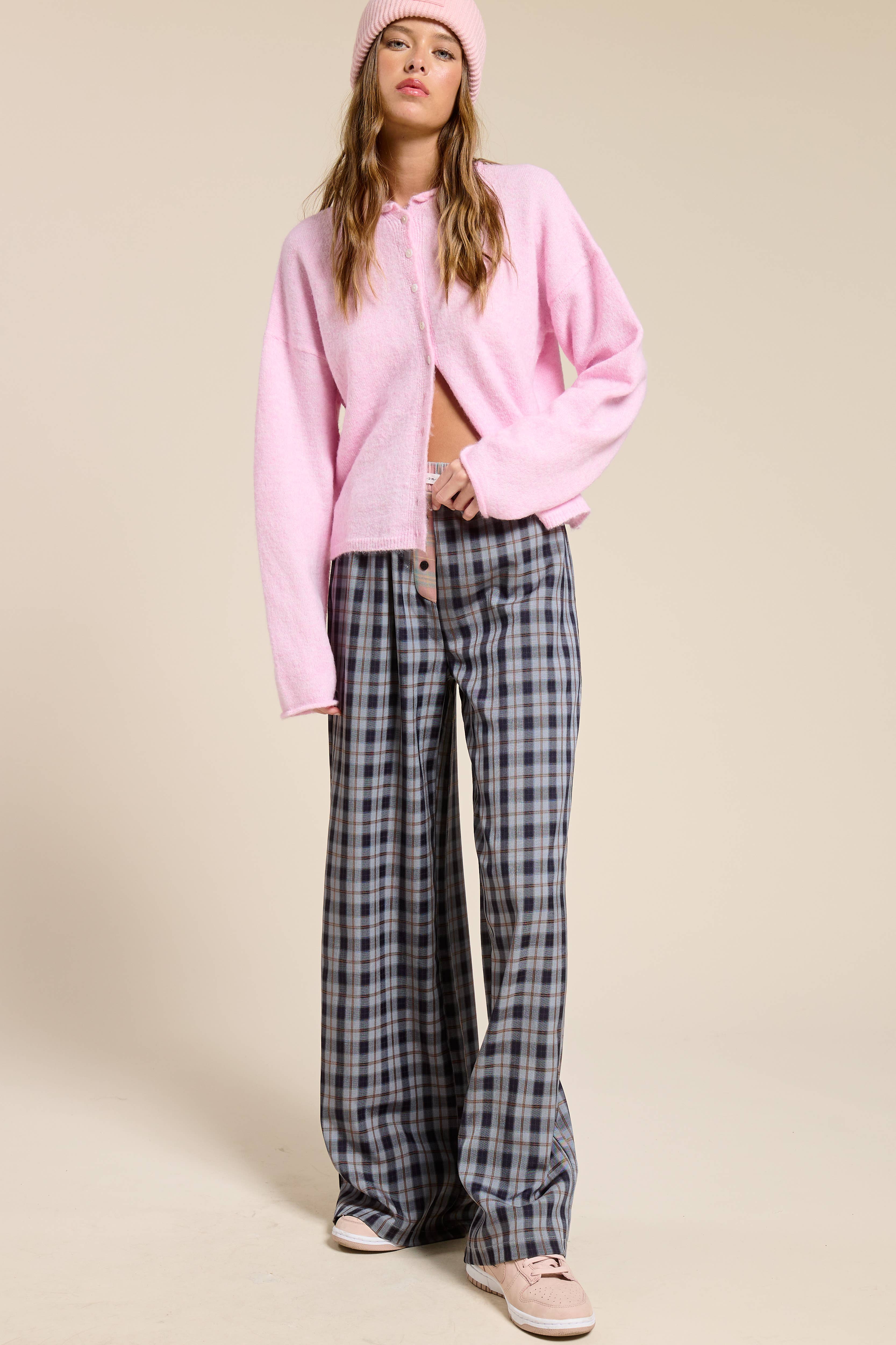 Mimosa - Vente Pantalon – femme - Pantalon boxeur à carreaux avec ceinture contrastante5