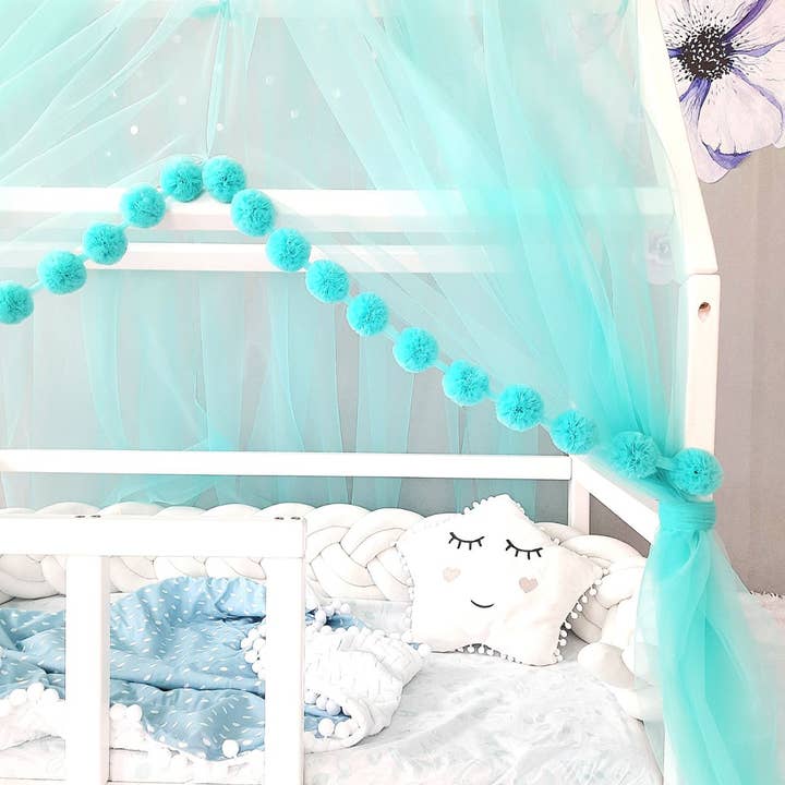 Allbright Kids - Wholesale Bed Canopy - Kids & Baby - Aqua Montessori Tulle Canopy with Pom Poms for Nursery – Crib Canopy