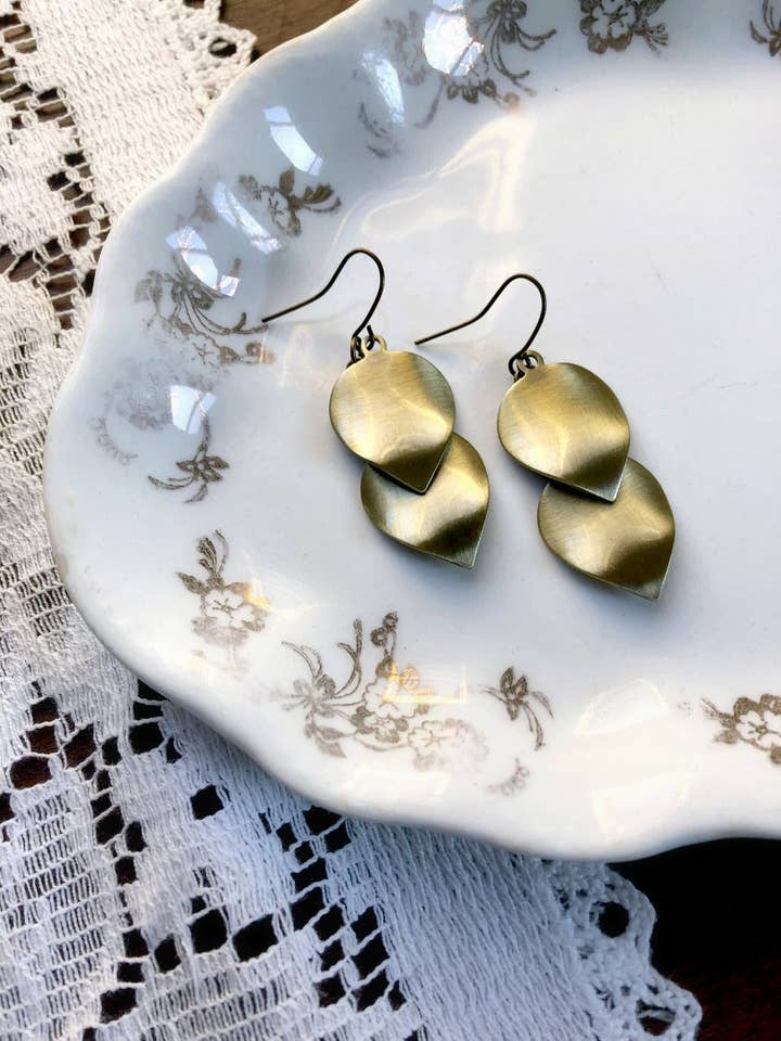 Gold and Bronze Double Leaf Earrings for wholesale by Hamrick Avenue