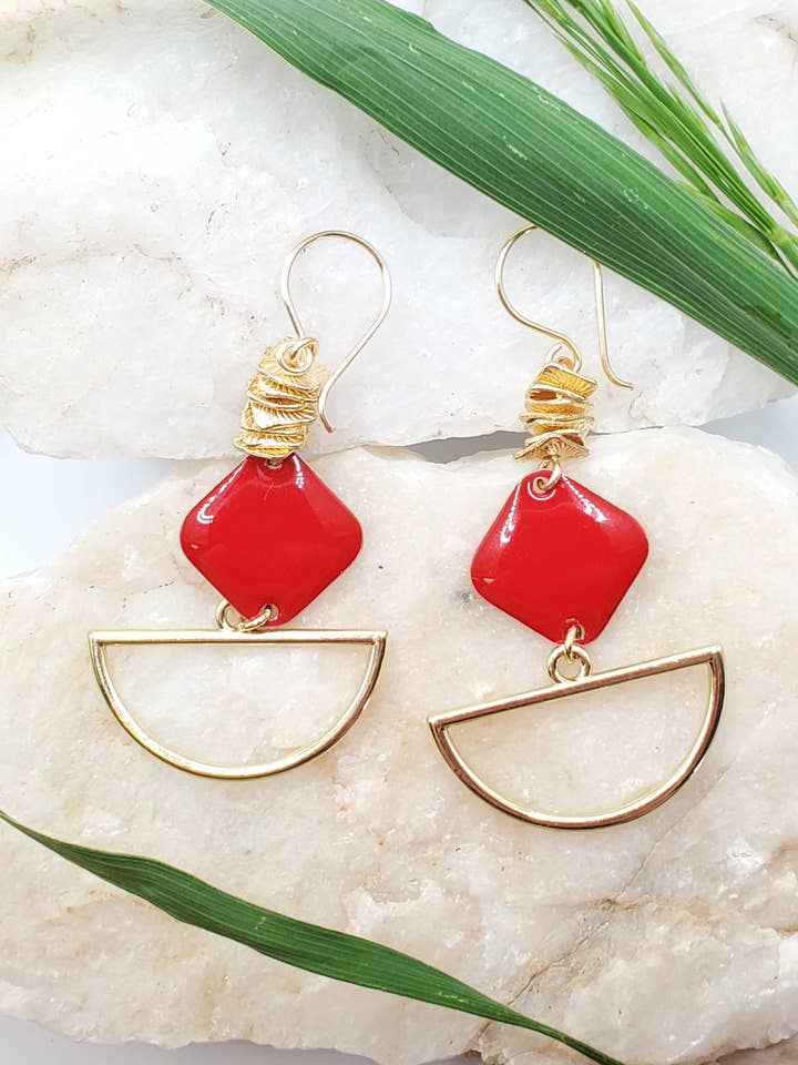 Earrings, Bright Red Enamel & Gold, Max for wholesale by Jezabel Adornment