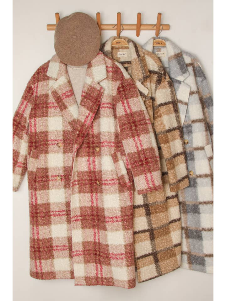 VERY J - Wholesale Coat - Women's - NJ90324-Oversized Plaid Soft Fuzzy Button Down Long Coat