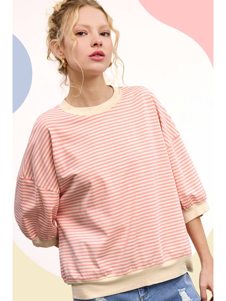 La Miel - Wholesale Knit Top - Women's - MCT7688-Loose Fit Striped Short Sleeve Crew Neckline Top
