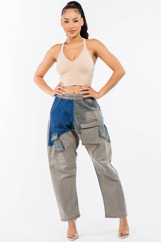 LABIJOU - Wholesale Broek - Dames - PD509 Broek - patchwork denim met geruite plaid en camo1