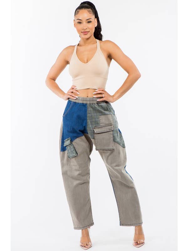 LABIJOU - Wholesale Broek - Dames - PD509 Broek - patchwork denim met geruite plaid en camo1