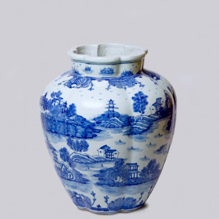 Cobalt Guild - Wholesale Vaas - „Willow Ware” blauwe en witte porseleinen kalebas vaas